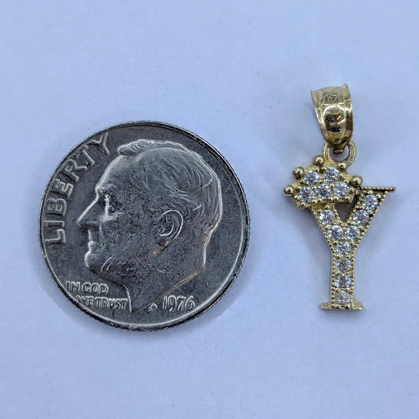 14K Yellow Gold CZ Crown "Y" Initial Charm Pendant | 0.9g