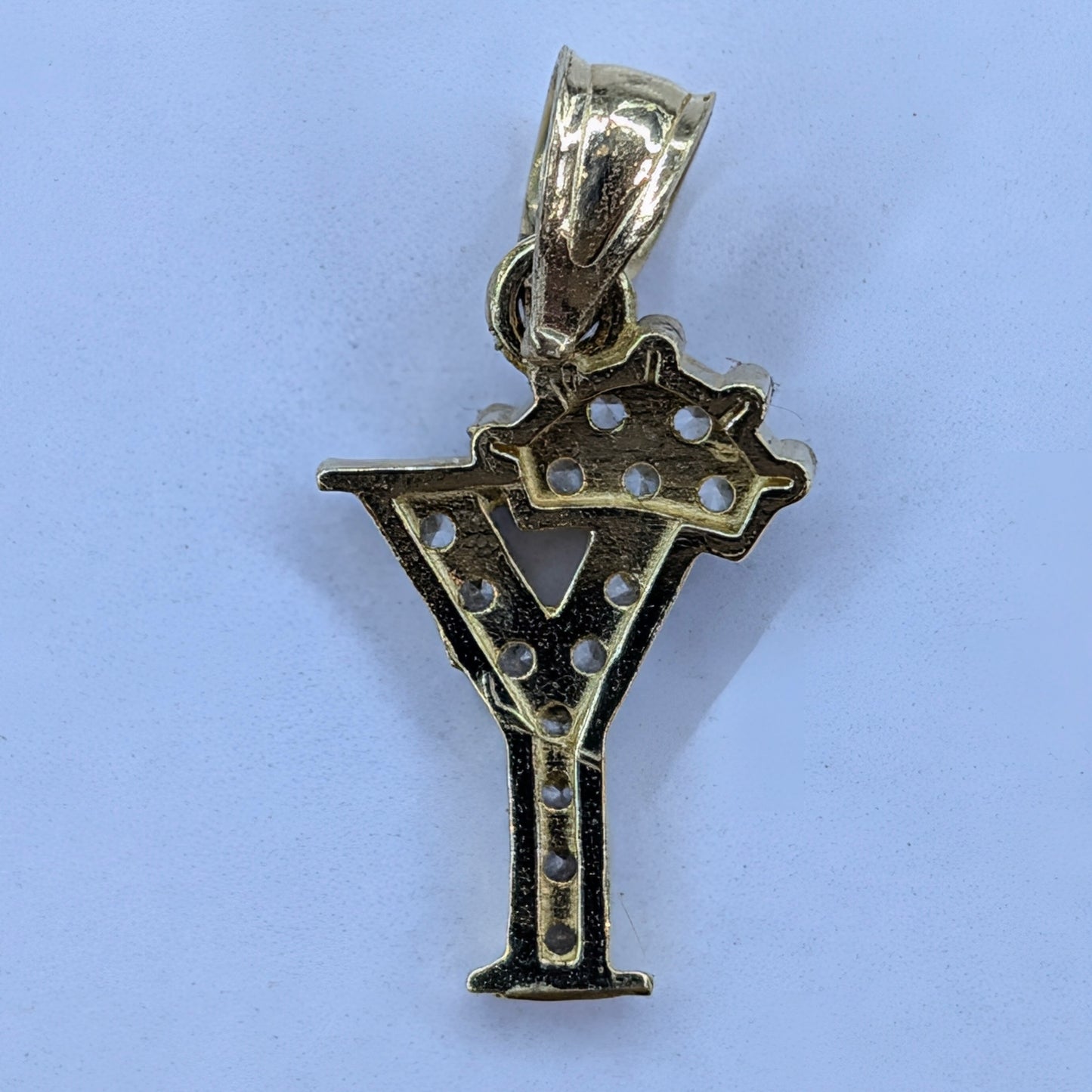 14K Yellow Gold CZ Crown "Y" Initial Charm Pendant | 0.9g