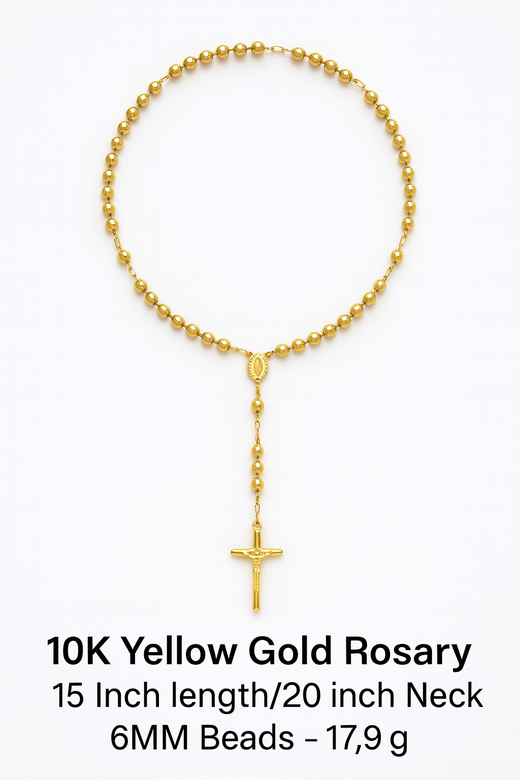 10K Yellow Gold Rosary Necklace | 6mm Beads | 20 Inch | Crucifix Pendant | 17.9g