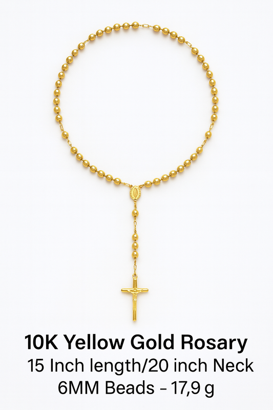 10K Yellow Gold Rosary Necklace | 6mm Beads | 20 Inch | Crucifix Pendant | 17.9g