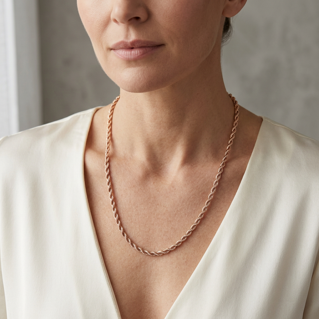 Female lifestyle image of the G309 rose gold rope chain