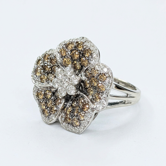 Diamond Flower Cocktail Ring with Champagne-Tone Accents
