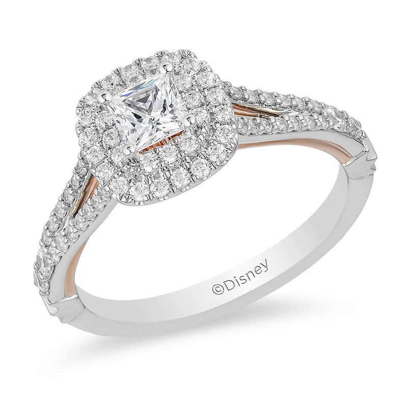 Enchanted Disney Belle 14K Two-Tone Gold Princess-Cut Diamond Double Frame Rose Engagement Ring – 3/4 CTW