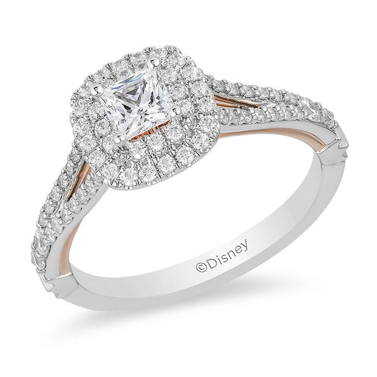 Enchanted Disney Belle 14K Two-Tone Gold Princess-Cut Diamond Double Frame Rose Engagement Ring – 3/4 CTW