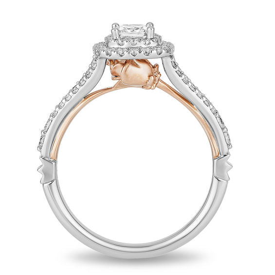 Enchanted Disney Belle 14K Two-Tone Gold Princess-Cut Diamond Double Frame Rose Engagement Ring – 3/4 CTW