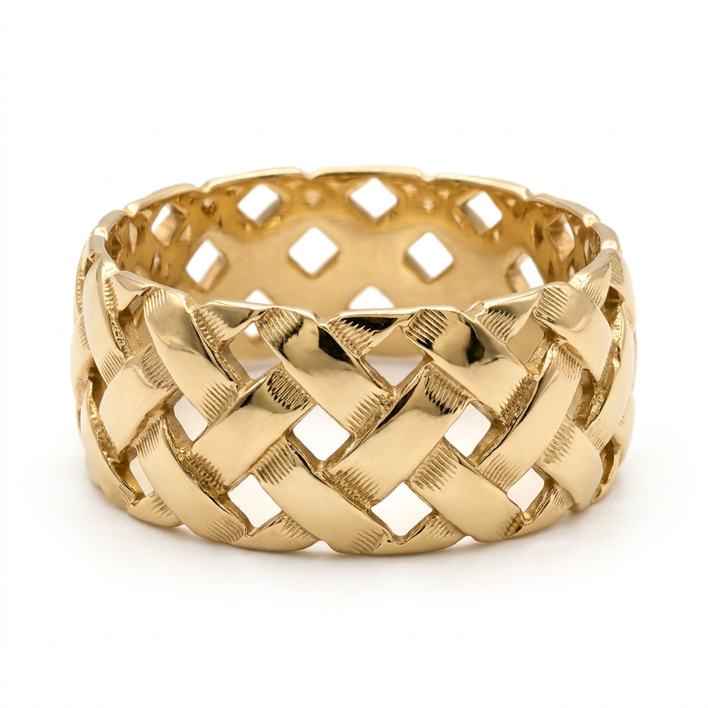 G098 14K yellow gold basket weave band ring, front three-quarter view