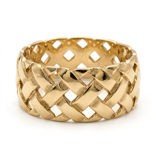 G098 14K yellow gold basket weave band ring, front three-quarter view