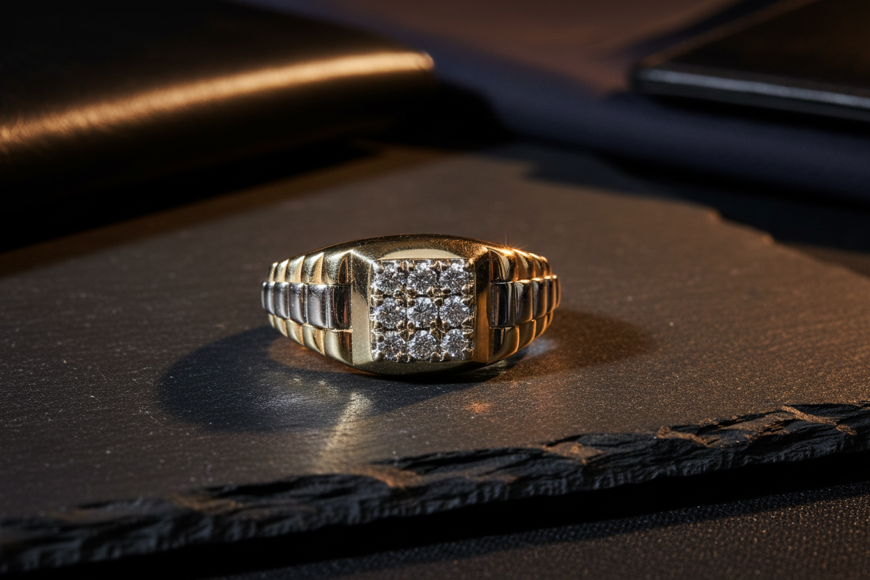 14K yellow gold men's diamond cluster ring with watch-band style ribbed shank on dark slate surface