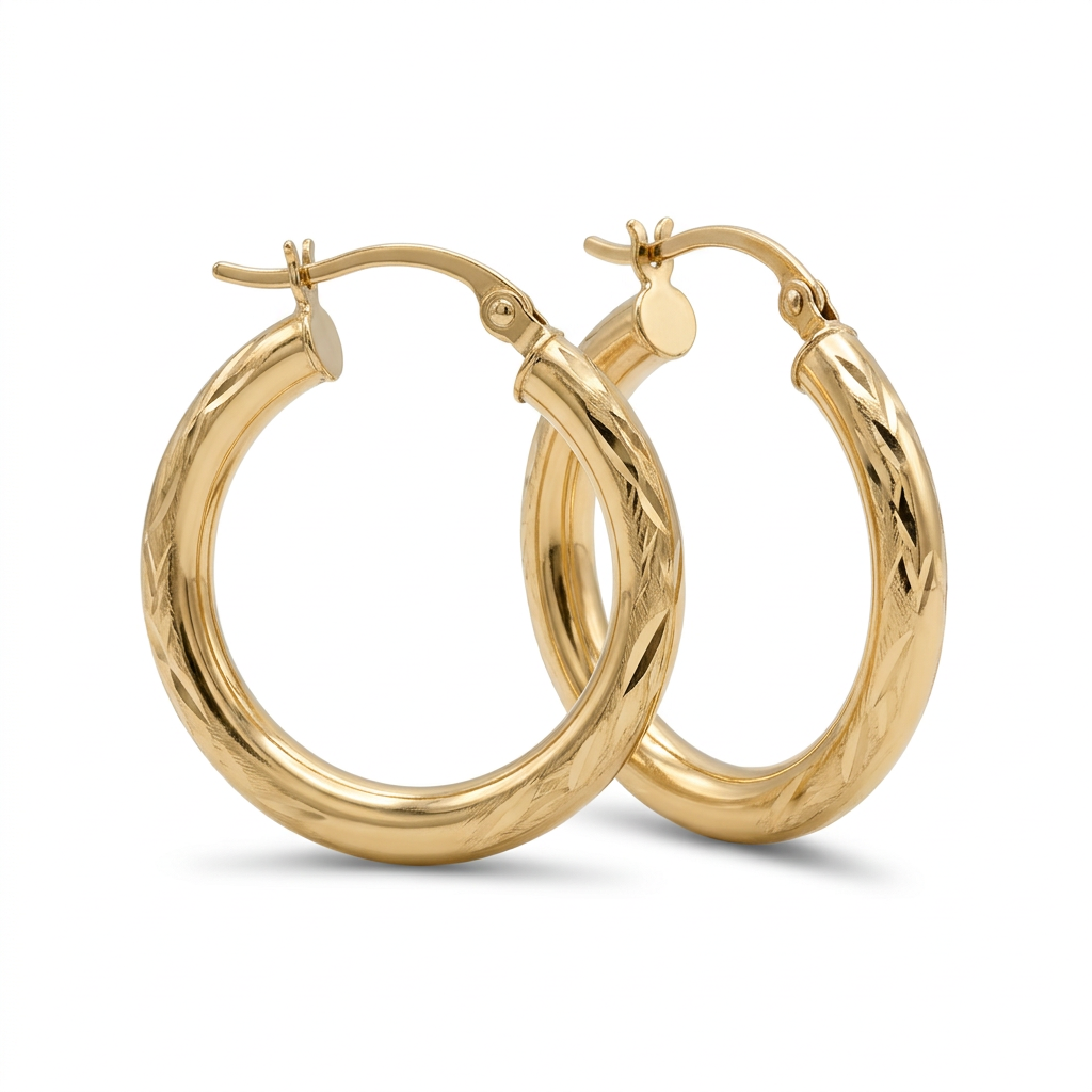 Pair of 14K yellow gold textured hoop earrings on a white background