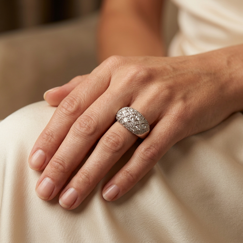 Size 7 white gold diamond cocktail ring worn with cream eveningwear