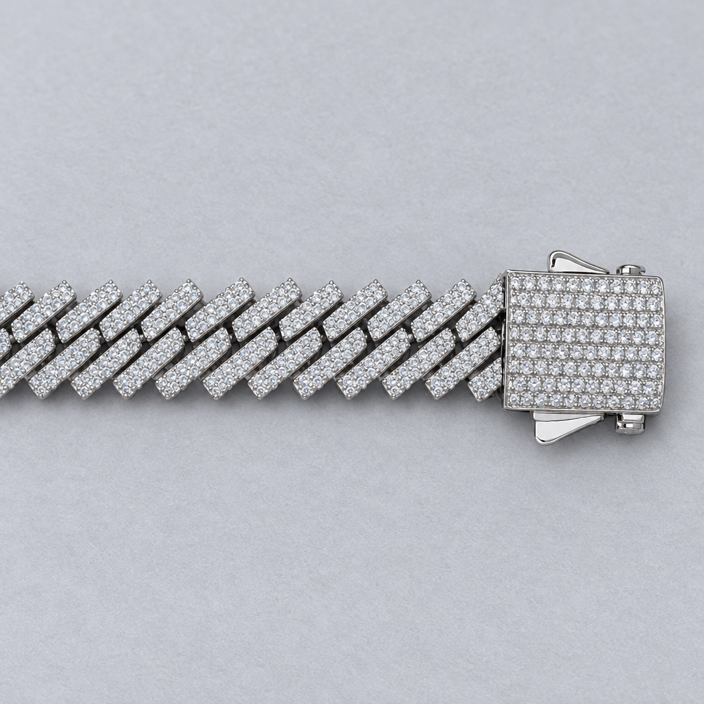 Close-up of the diamond-covered rectangular clasp and diagonal pavé links.
