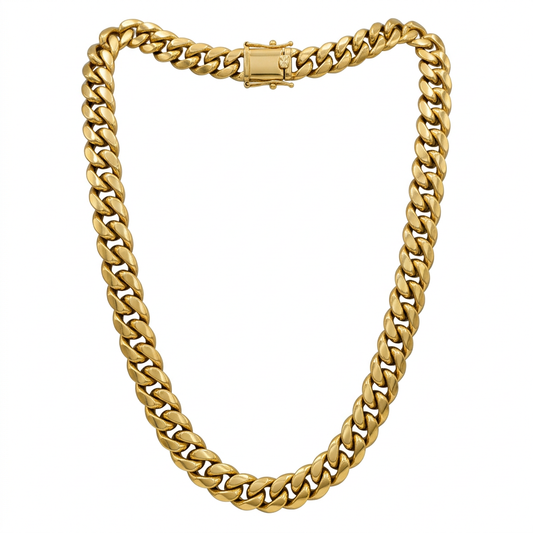 G350 solid 14K yellow gold Cuban link chain in a full natural drape on white