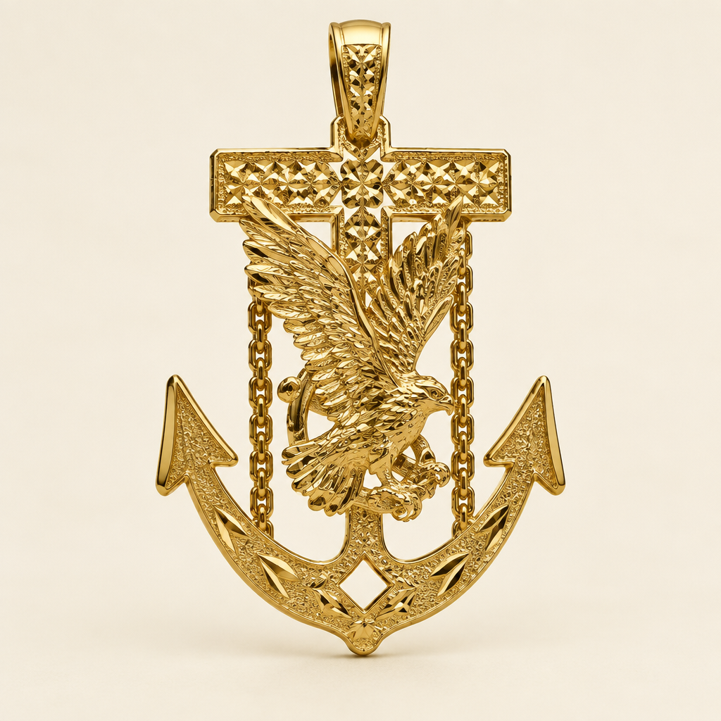 Solid 14K yellow gold eagle, cross and anchor pendant shown from the front