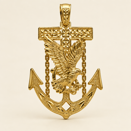 Solid 14K yellow gold eagle, cross and anchor pendant shown from the front