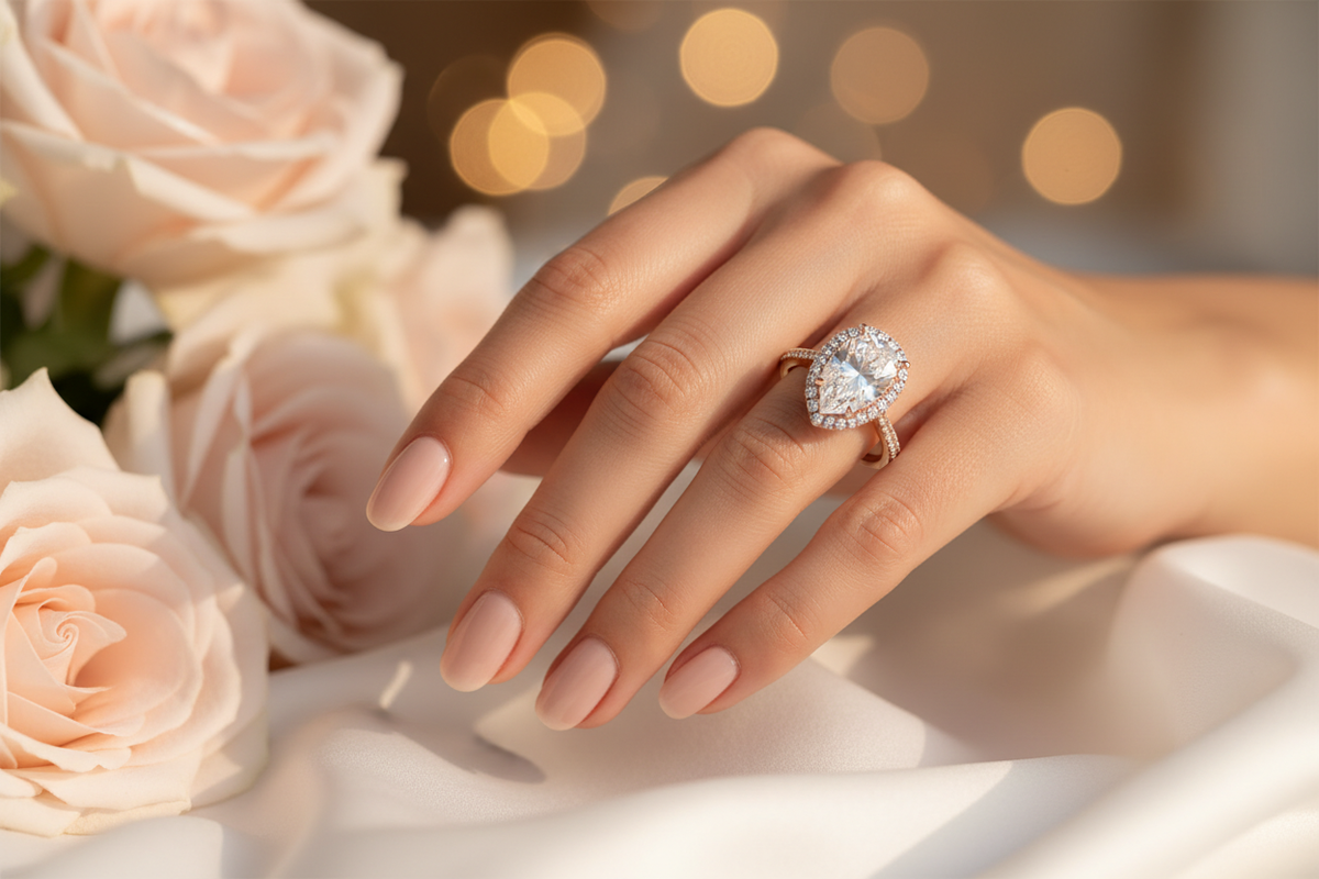 14K Rose Gold Pear Lab Diamond Halo Engagement Ring – lifestyle on hand