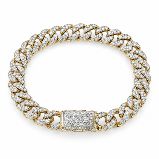 G249 10K yellow gold diamond Cuban link bracelet with diamond-covered box clasp, front view