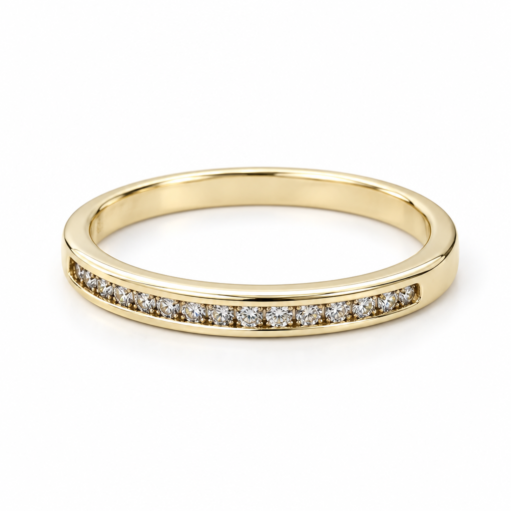 10K yellow gold diamond band with a single channel-set diamond row on a white background
