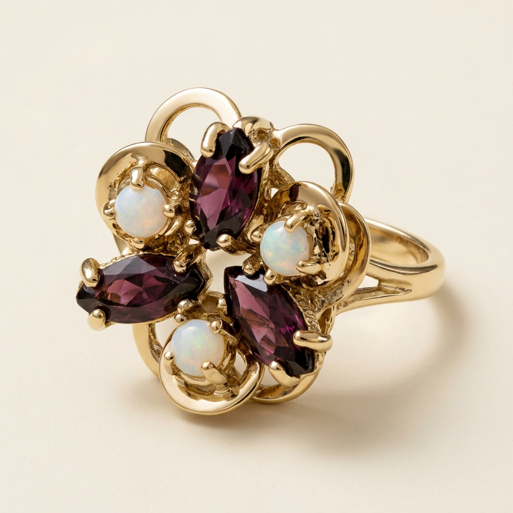 Three-quarter view of garnet and opal ring with openwork gold scrolls