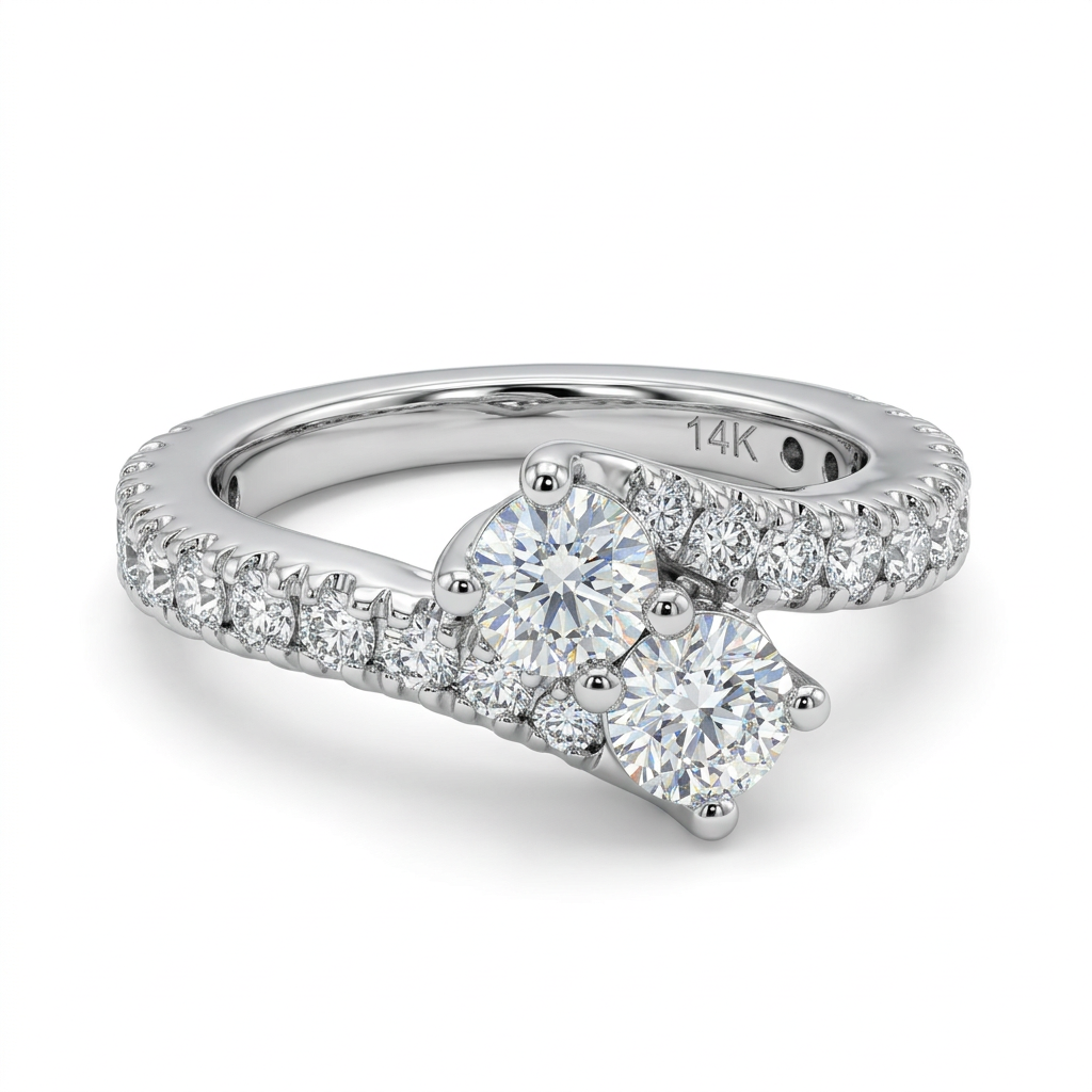 R2420 14K white gold two-stone diamond bypass ring, three-quarter view