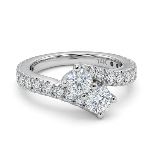 R2420 14K white gold two-stone diamond bypass ring, three-quarter view
