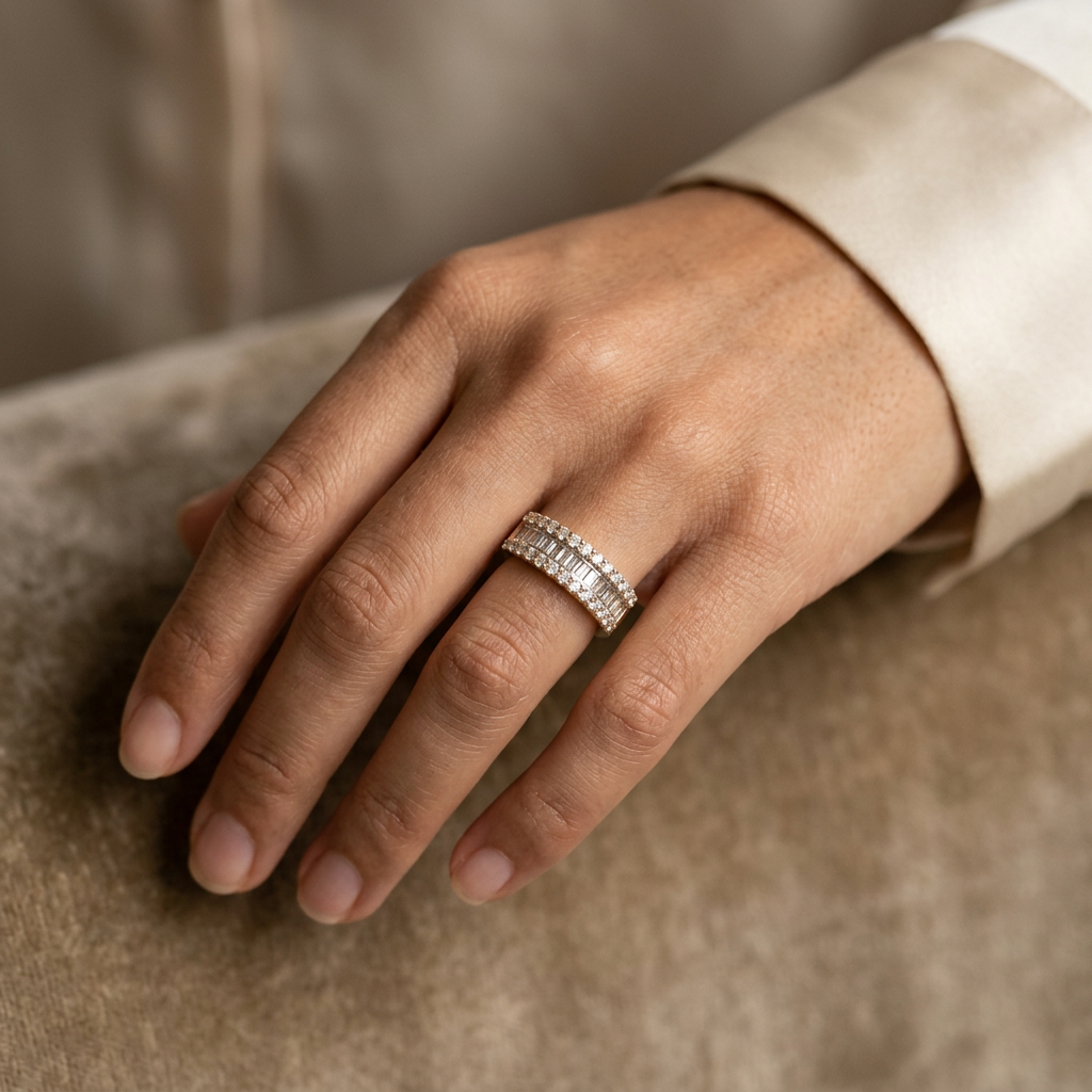 R2407 yellow gold diamond band worn on a hand