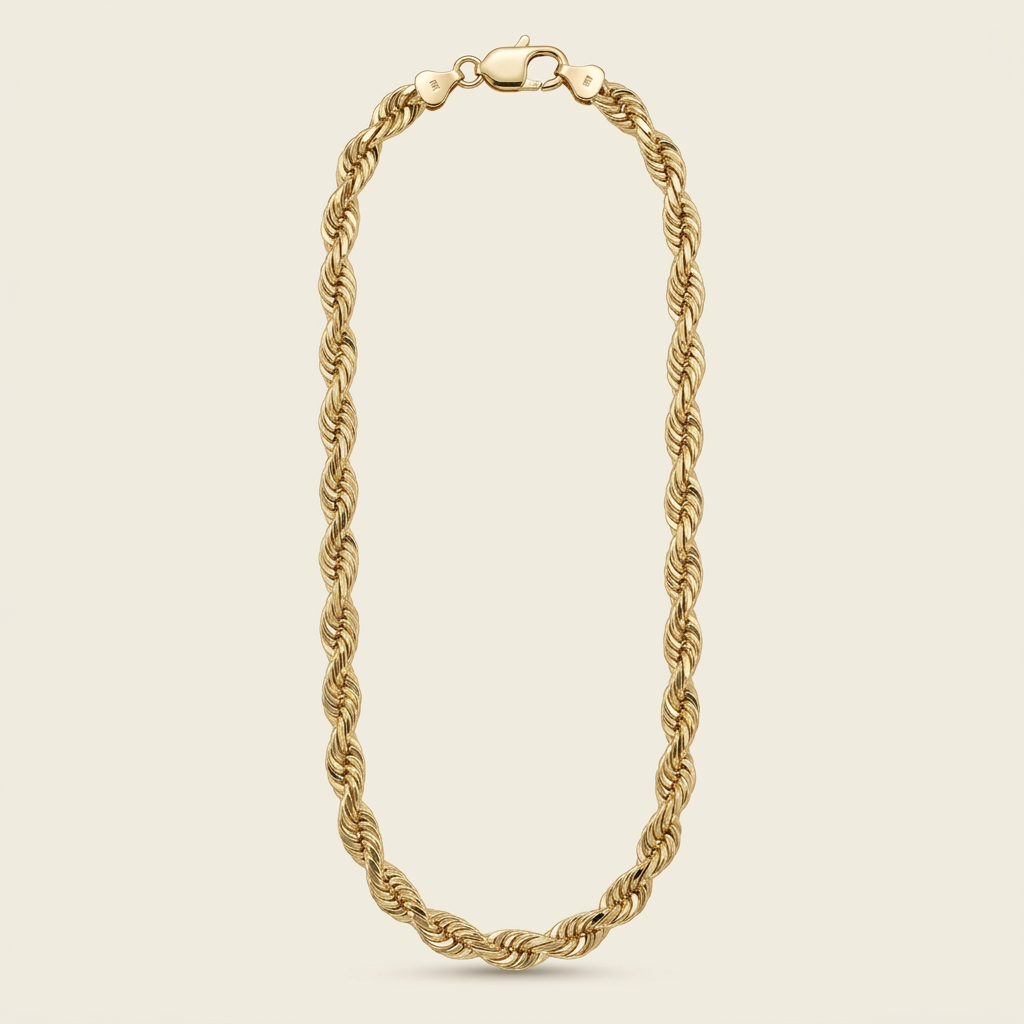 R2281 14K yellow gold rope chain, full length with lobster clasp at the top