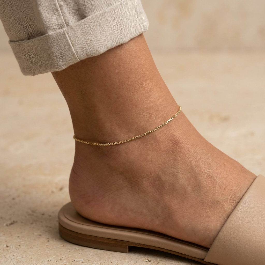 Delicate yellow gold round box link anklet worn with neutral sandals