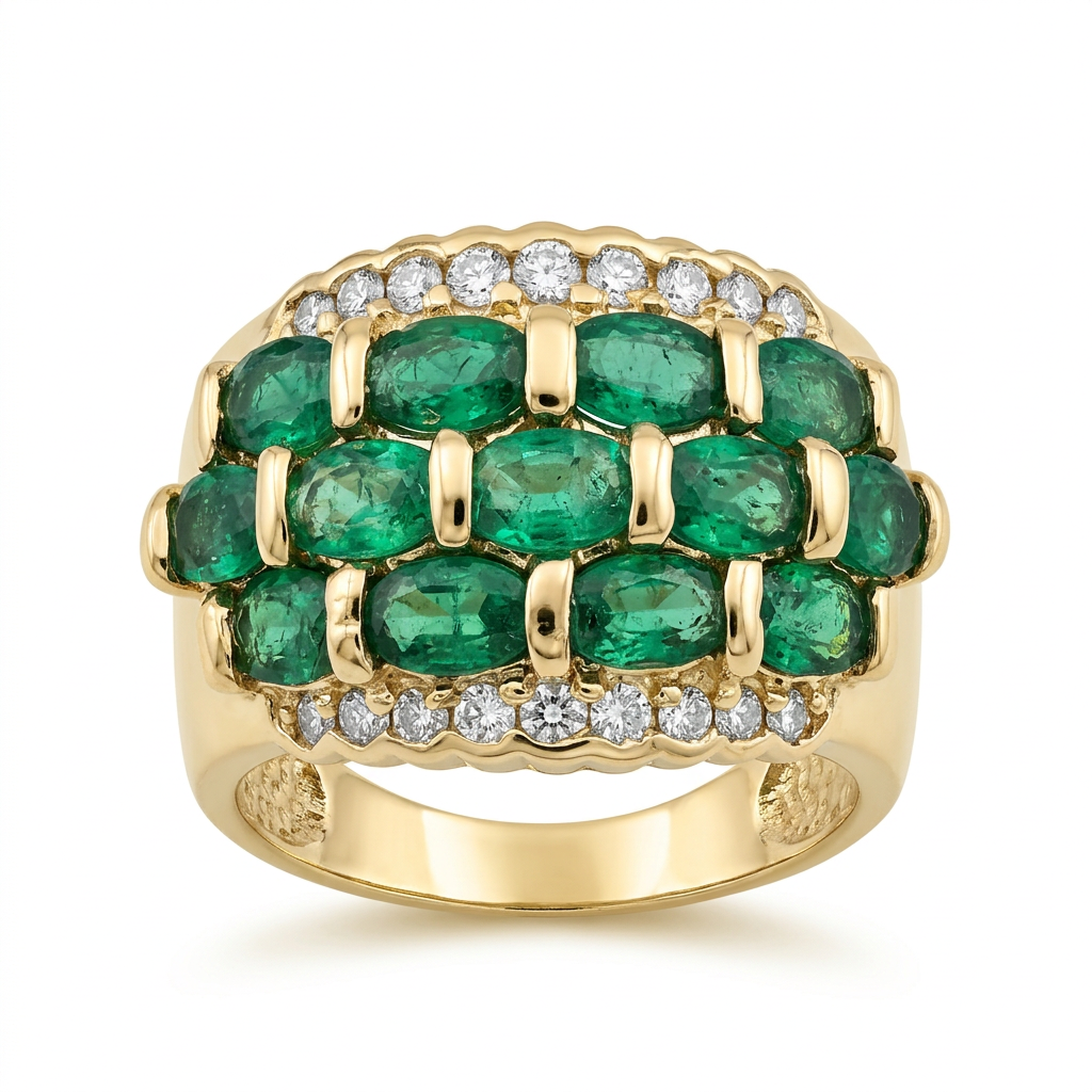 Front view of G096 14K yellow gold three-row emerald and diamond ring