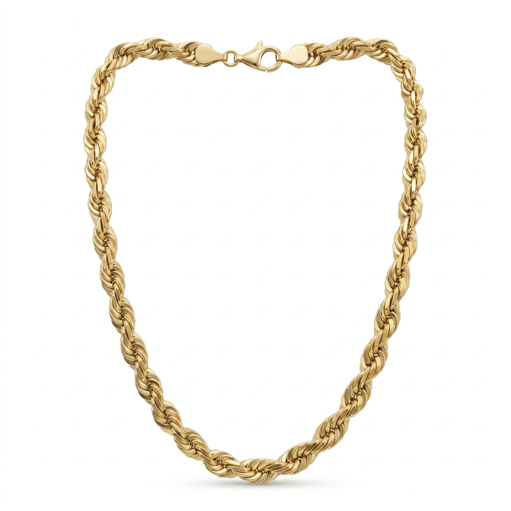 Solid 10K yellow gold rope chain in a natural neck-shaped drape