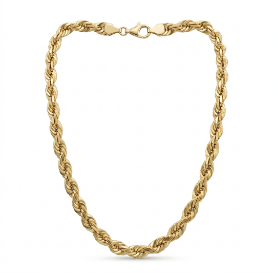 Solid 10K yellow gold rope chain in a natural neck-shaped drape