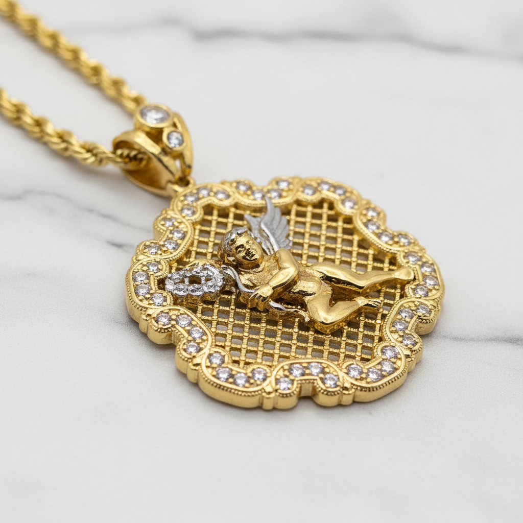 10K Yellow Gold Cherub Angel Pendant – Angle View on Marble