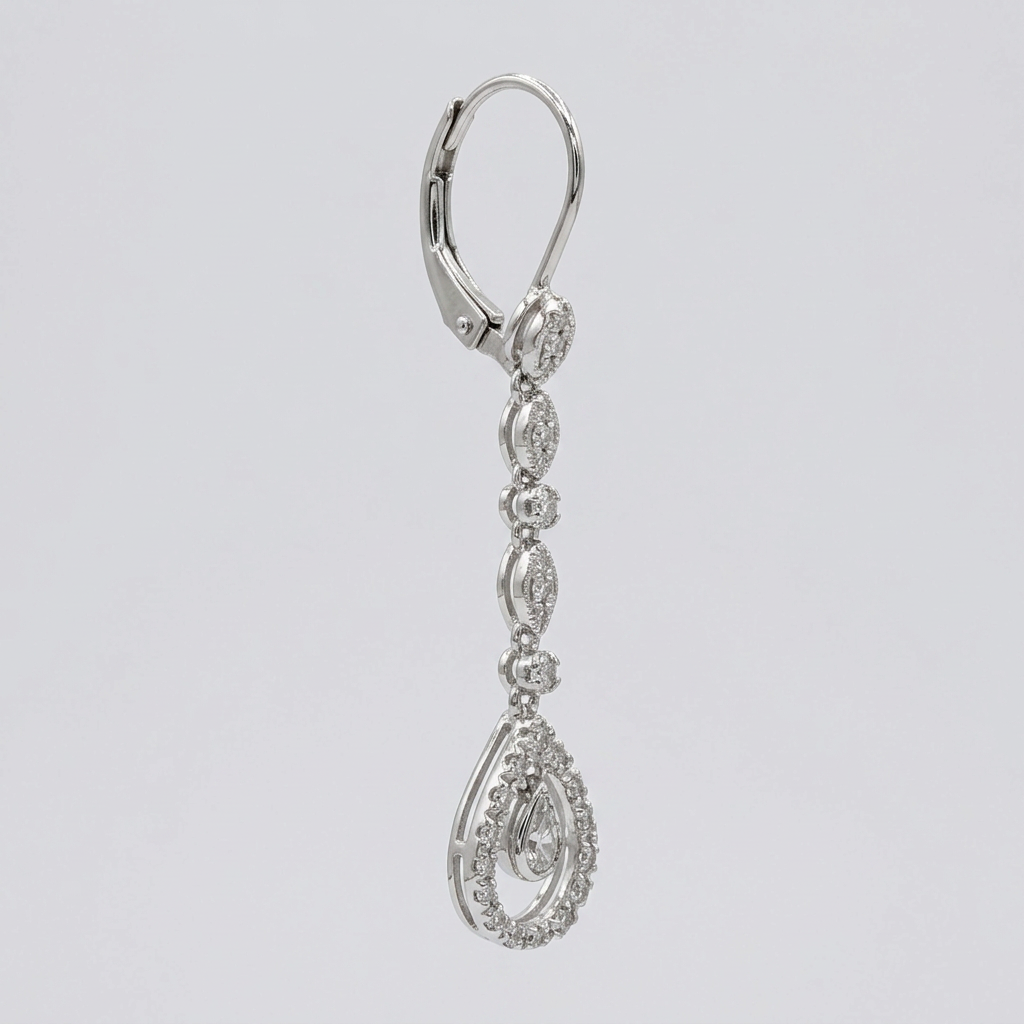 Side detail of diamond drop earring and leverback closure