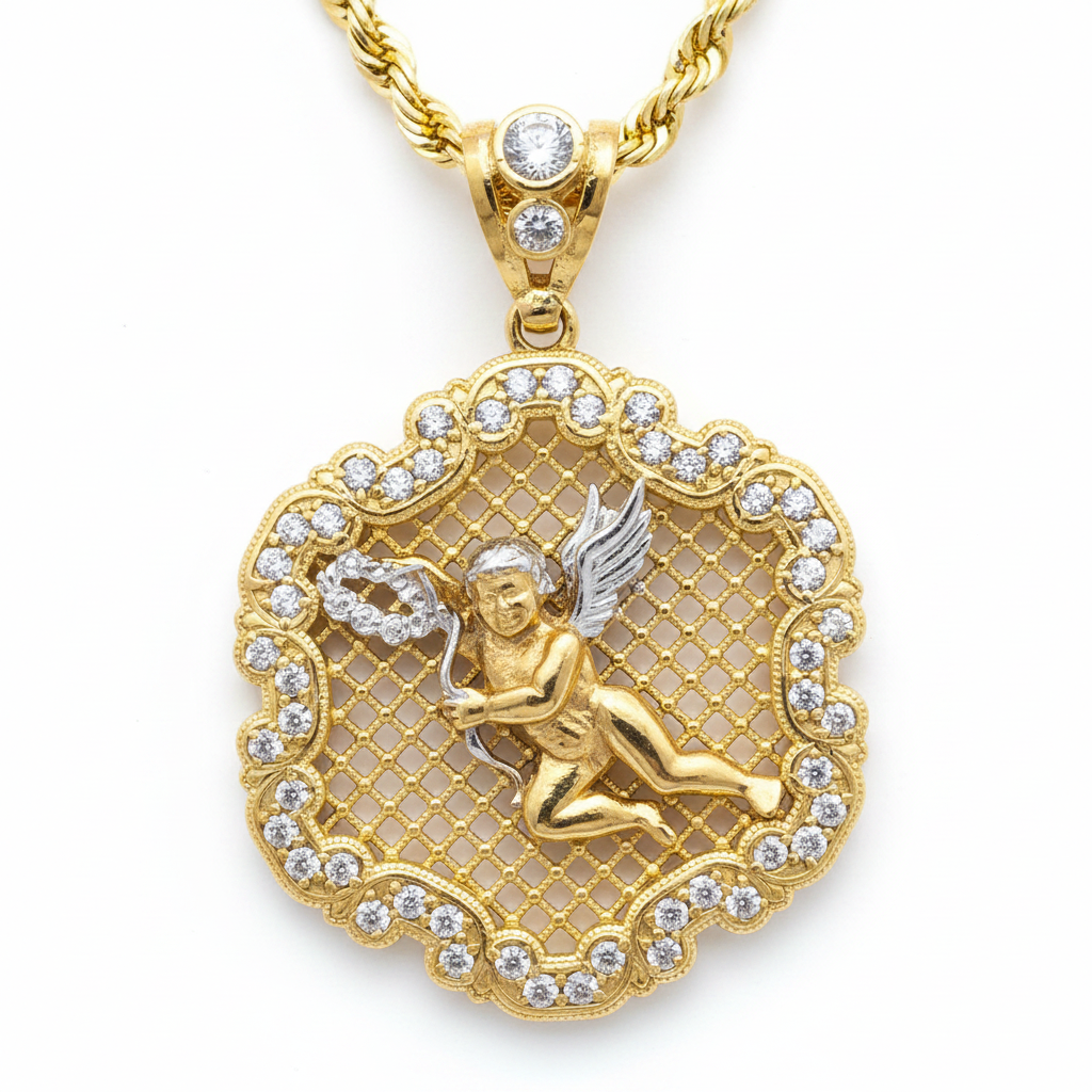 10K Yellow Gold Cherub Angel Pendant – Front View White Background