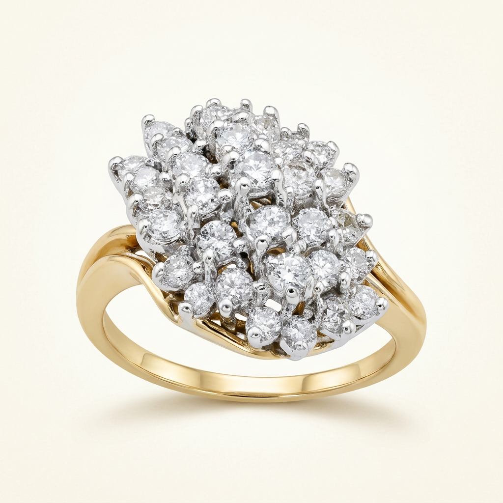 G206 yellow gold natural diamond cluster ring, front three-quarter view