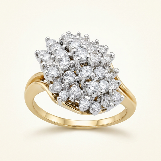 G206 yellow gold natural diamond cluster ring, front three-quarter view