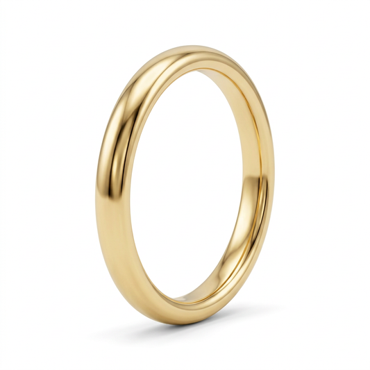 18K yellow gold 2.8mm round wedding band, three-quarter hero view