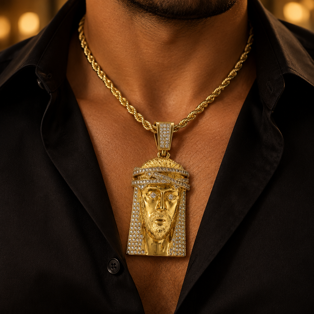 10K yellow gold CZ Jesus head charm worn on a gold rope chain
