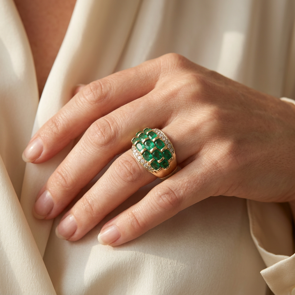 G096 emerald and diamond statement ring styled on a hand