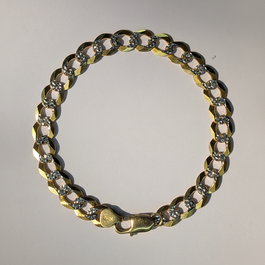 14K two-tone diamond cut curb link bracelet displayed in a circle on white background