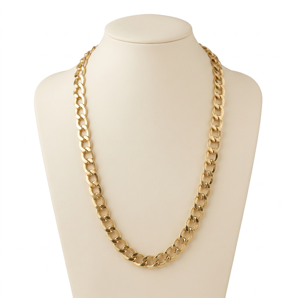 G335 14K yellow gold 5.6mm curb link chain, 22 inches, on a cream bust against white
