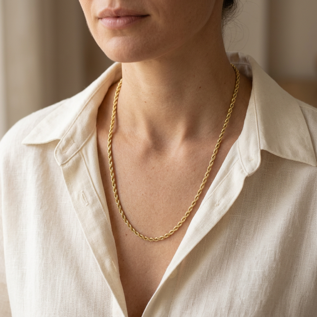G338 24-inch yellow gold rope chain worn with an ivory shirt