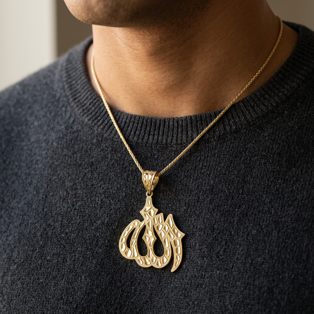 Allah pendant styled on a model with a chain, chain not included