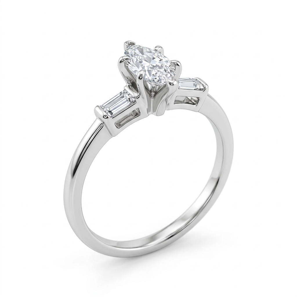 14K white gold marquise and baguette diamond ring, three-quarter view