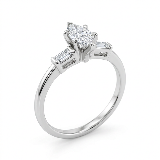 14K white gold marquise and baguette diamond ring, three-quarter view