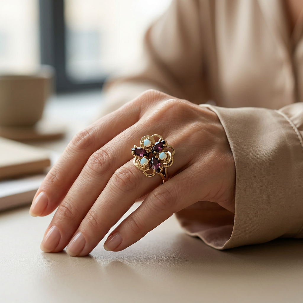 Lifestyle view of size 6 garnet and opal yellow gold ring worn on a hand