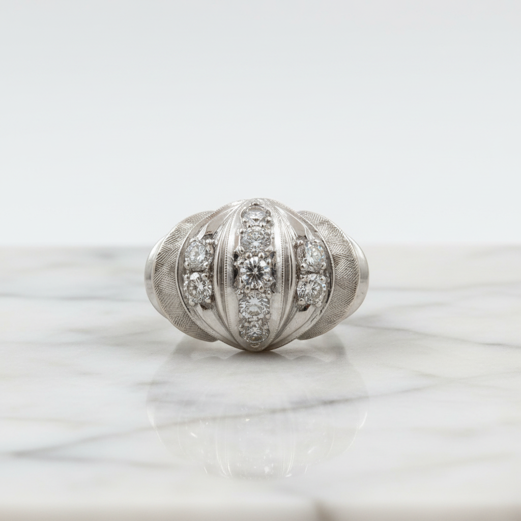 14K White Gold Diamond Ring on white marble – studio shot