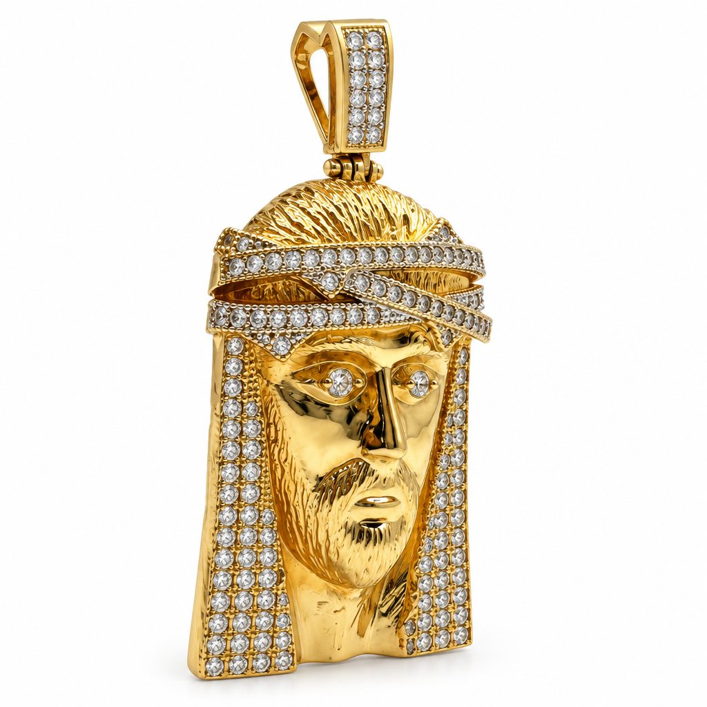 Front view of 10K yellow gold Jesus head charm with cubic zirconia crown and bail