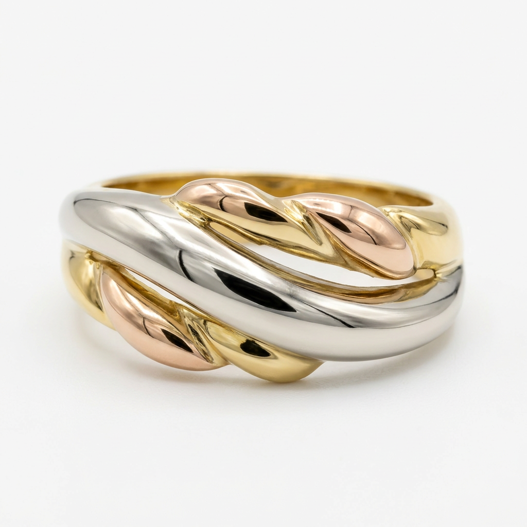 G147 18K yellow, white and rose gold crossover ring, front three-quarter studio view