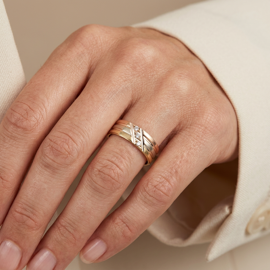 G146 tricolor gold CZ band worn on a hand with a cream sleeve