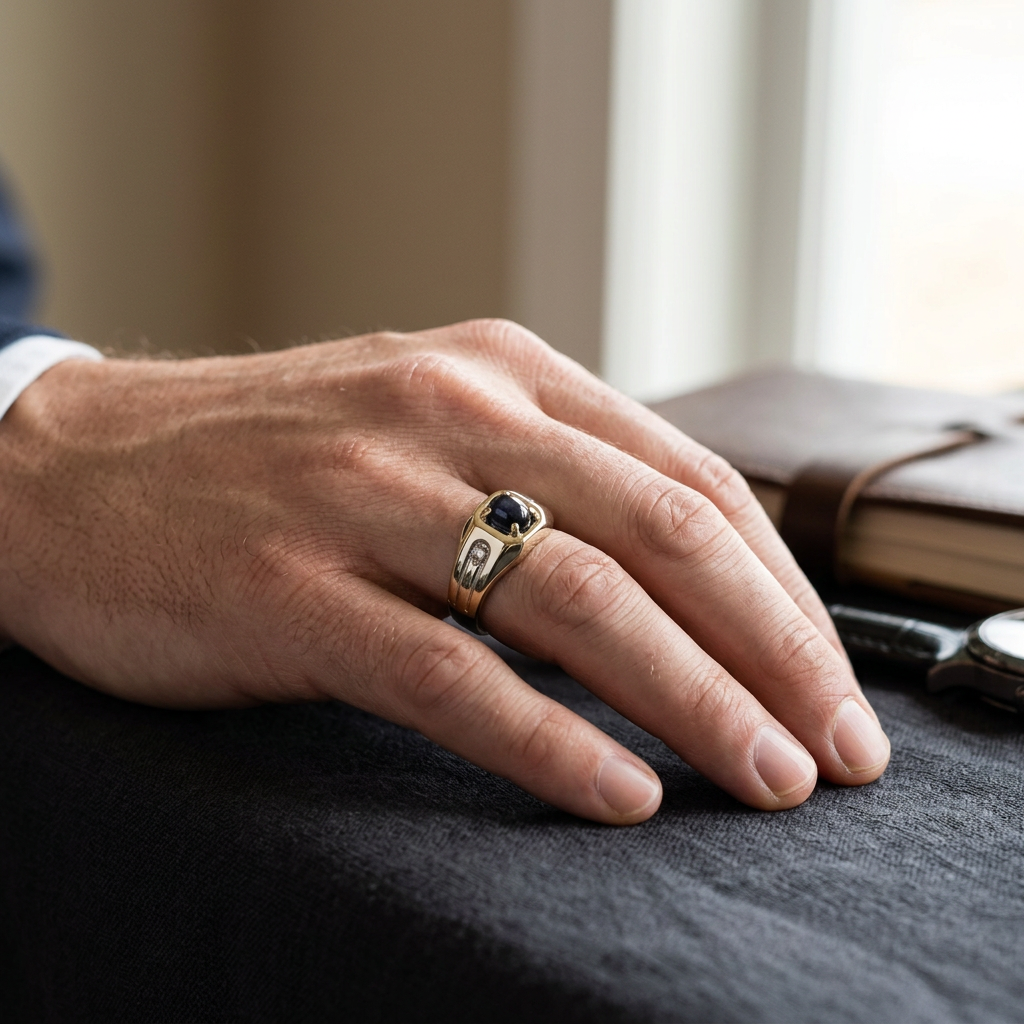 A man's hand resting on dark fabric wearing the 10K yellow gold blue sapphire and diamond ring